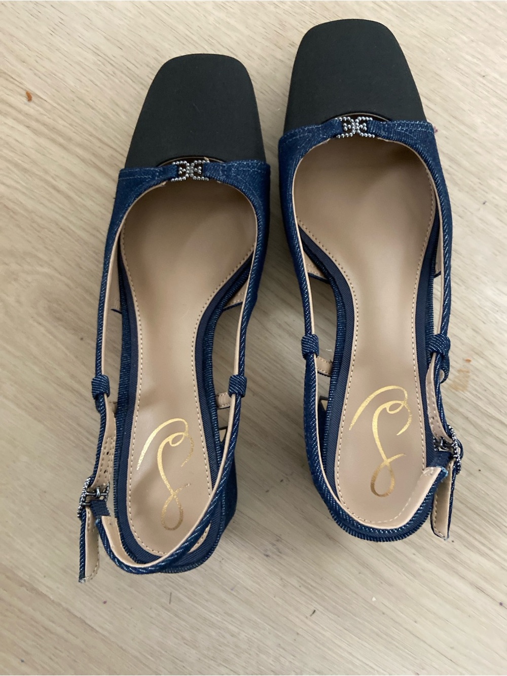 Sam Edelman Navy Denim Slingback Flats with Black Toe